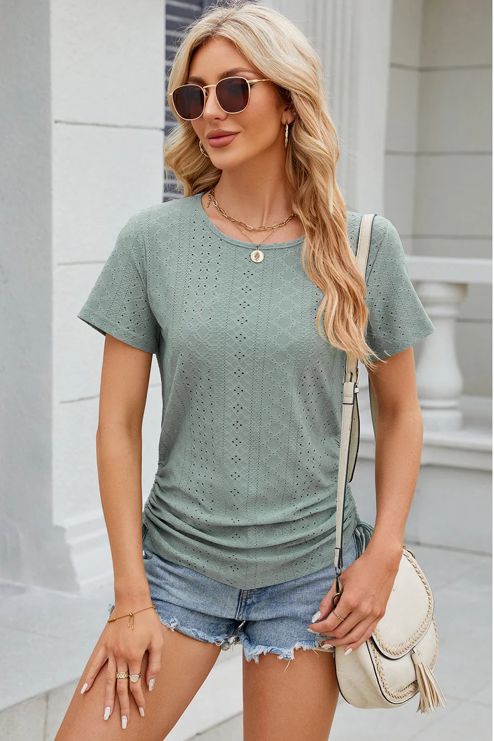 Eyelet Round Neck Short Sleeve T-Shirt – Trendsi | ClozArt