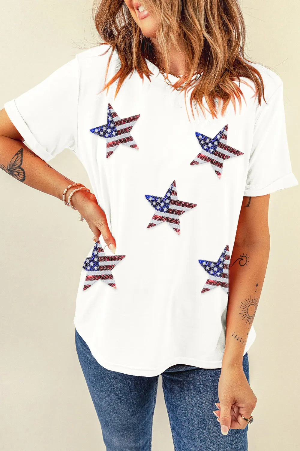 Sequin Star Round Neck Short Sleeve T-Shirt – Trendsi | ClozArt
