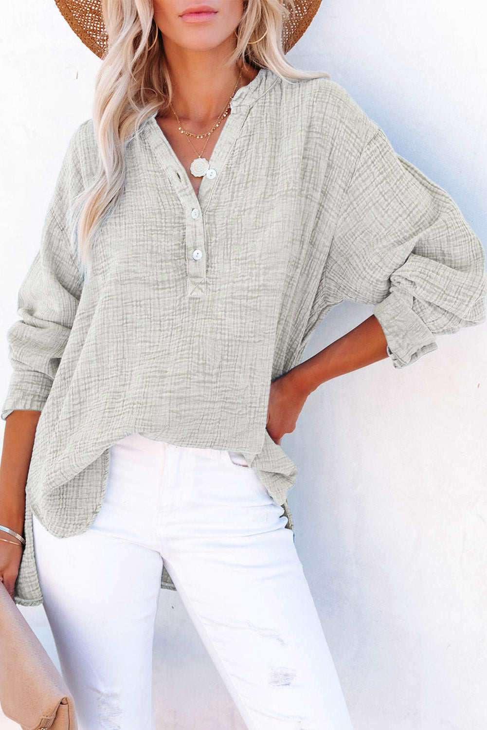 Buttoned Long Sleeve Blouse – Trendsi | ClozArt