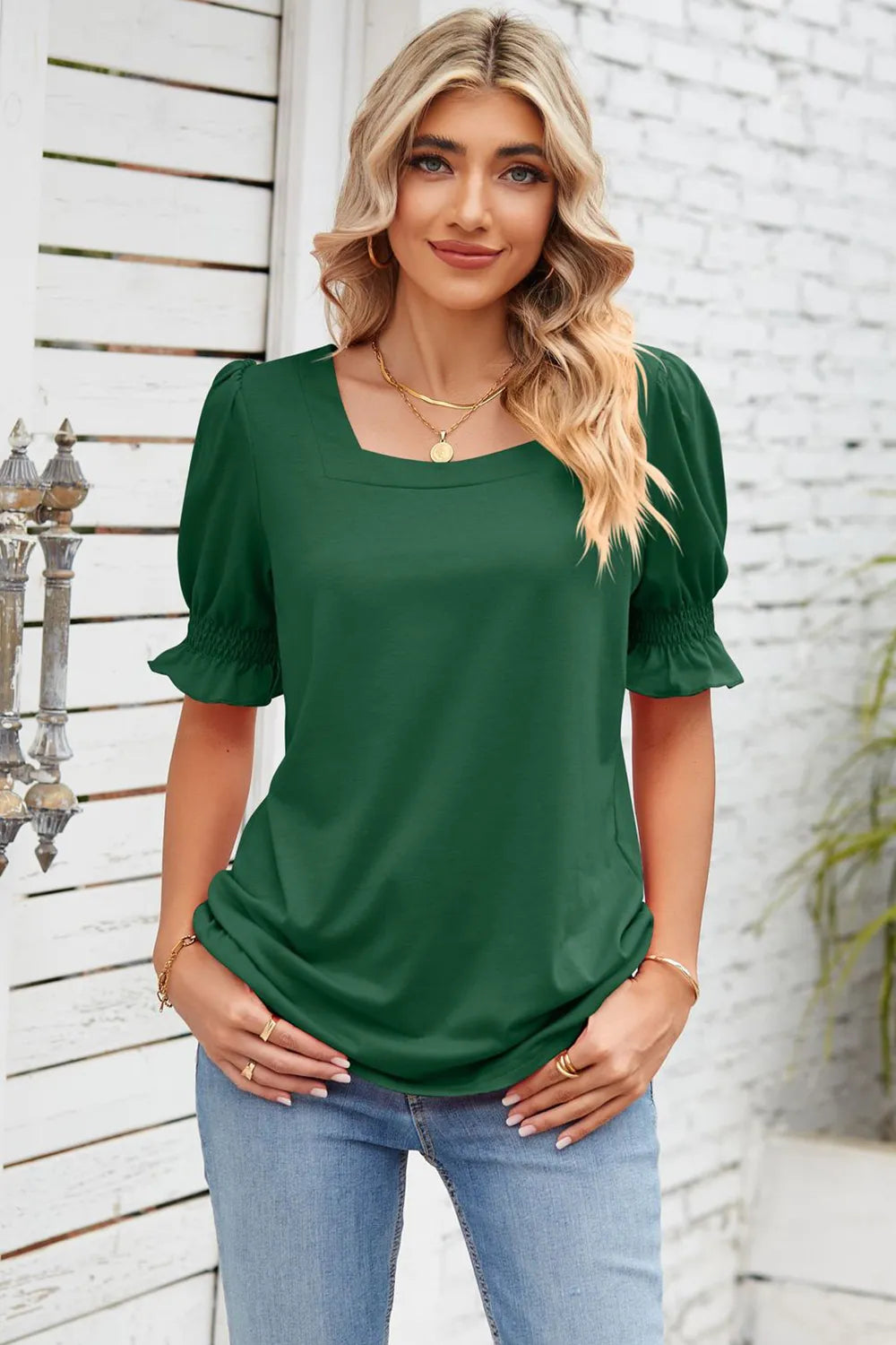 Smocked Square Neck Short Sleeve T-Shirt – Trendsi | ClozArt