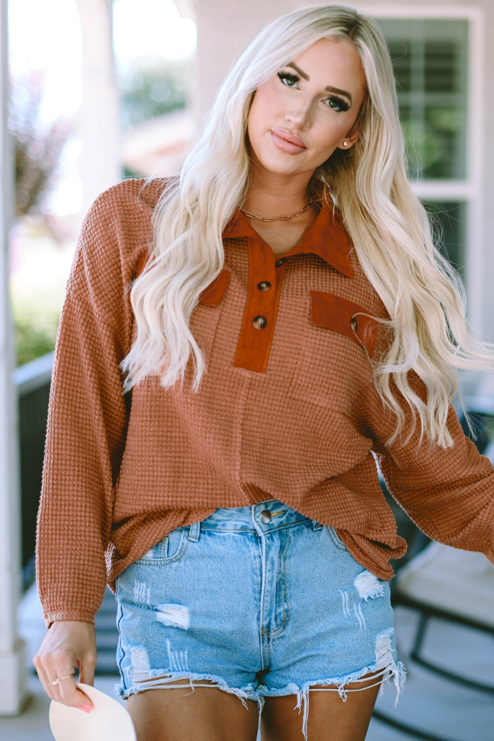 Half-Button Collared Long Sleeve Top – Trendsi | ClozArt