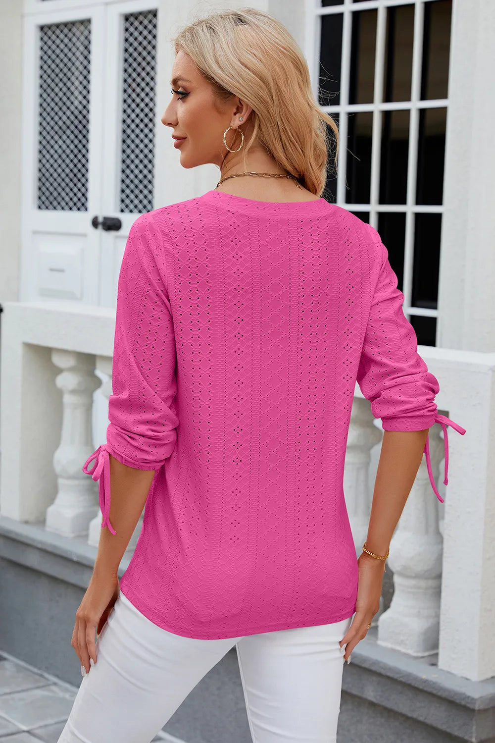 Eyelet Drawstring V-Neck Half Sleeve T-Shirt – Trendsi | ClozArt