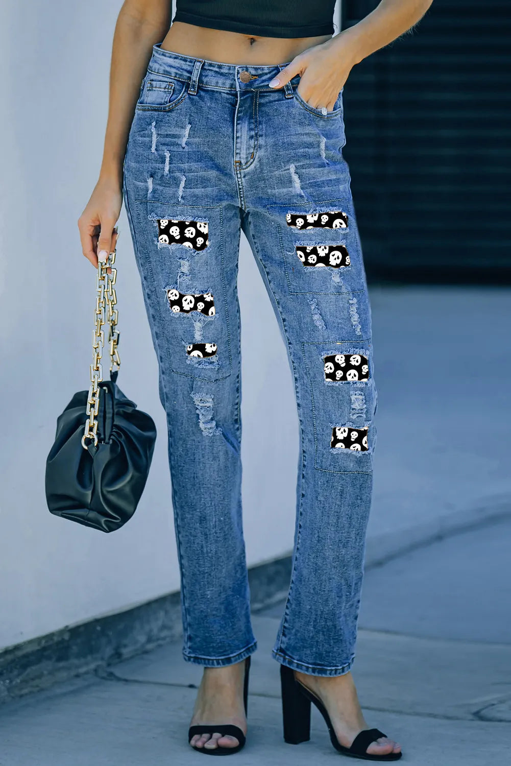 Distressed Skeleton Pattern Jeans with Pockets – Trendsi | ClozArt