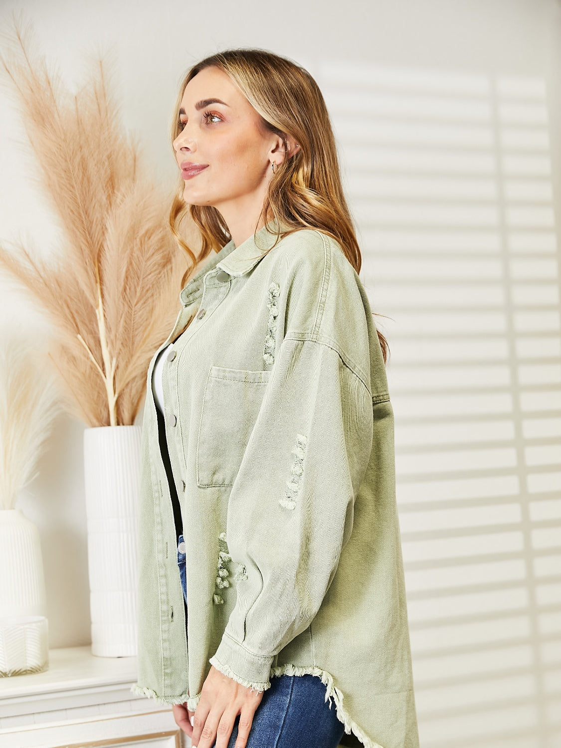 Distressed Raw Hem Denim Jacket – Trendsi | ClozArt
