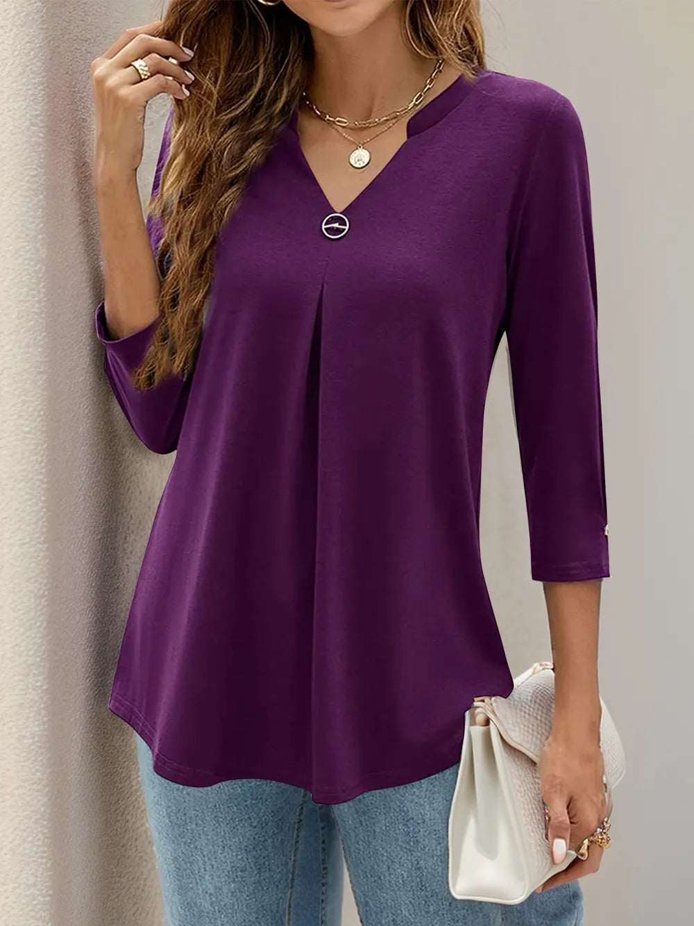 Notched Three-Quarter Sleeve T-Shirt – Trendsi | ClozArt