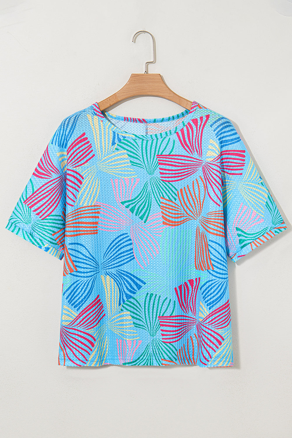 Multicolour Bowknot Print Waffle Loose Tee – Shewin | ClozArt