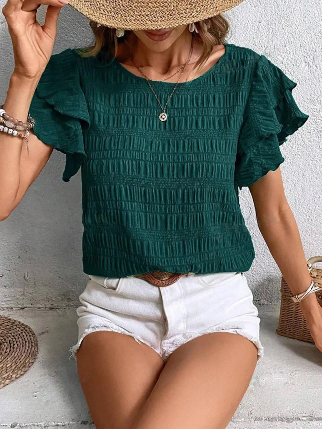Round Neck Ruffled Short Sleeve Top – Trendsi | ClozArt