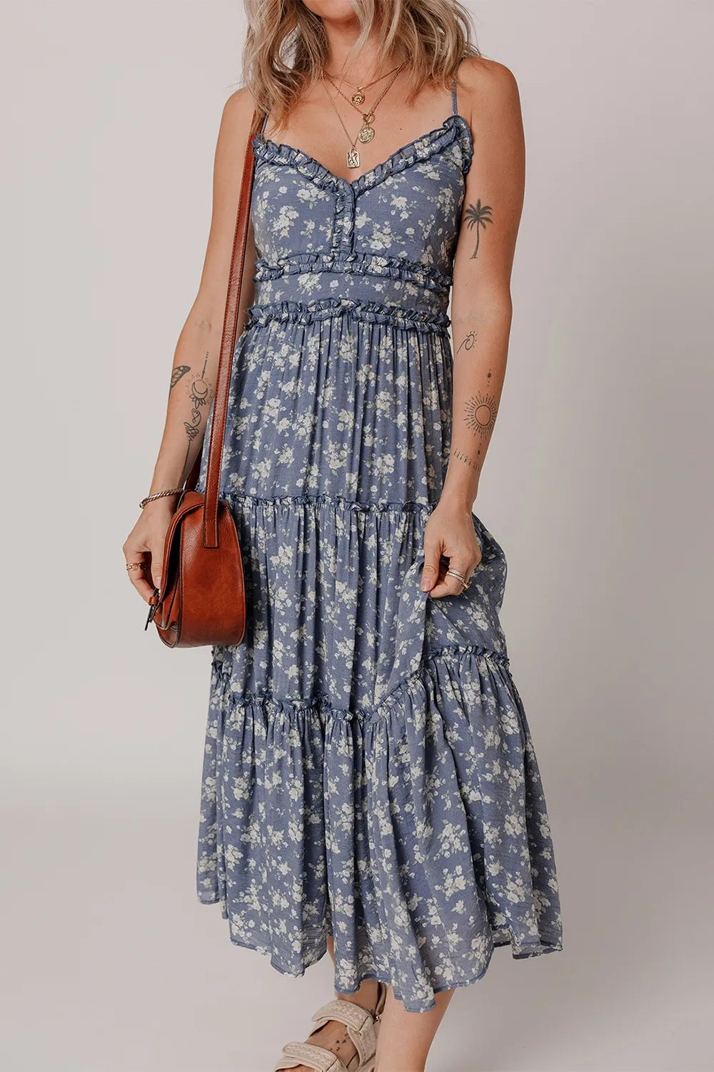 Floral Spaghetti Strap Frilled V Neck Tiered Midi Dress – Trendsi | ClozArt