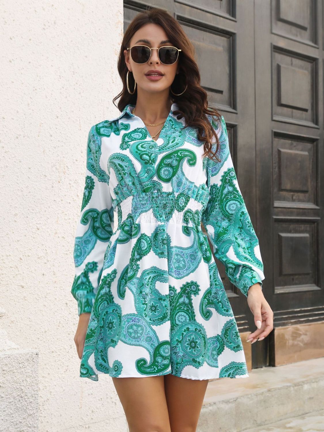 Paisley Print Johnny Collar Smocked Dress – Trendsi | ClozArt