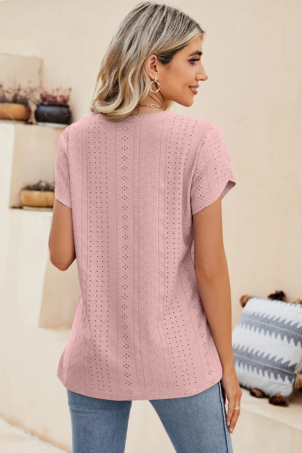 Eyelet V-Neck Petal Sleeve T-Shirt – Trendsi | ClozArt
