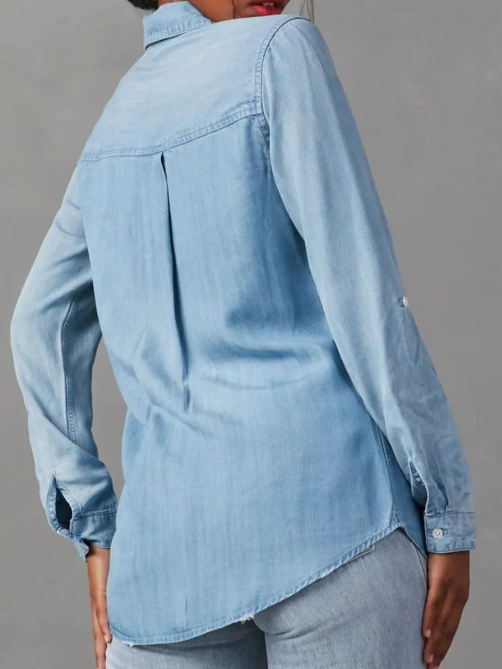 Collared Neck Roll-Tab Sleeve Denim Top – Trendsi | ClozArt