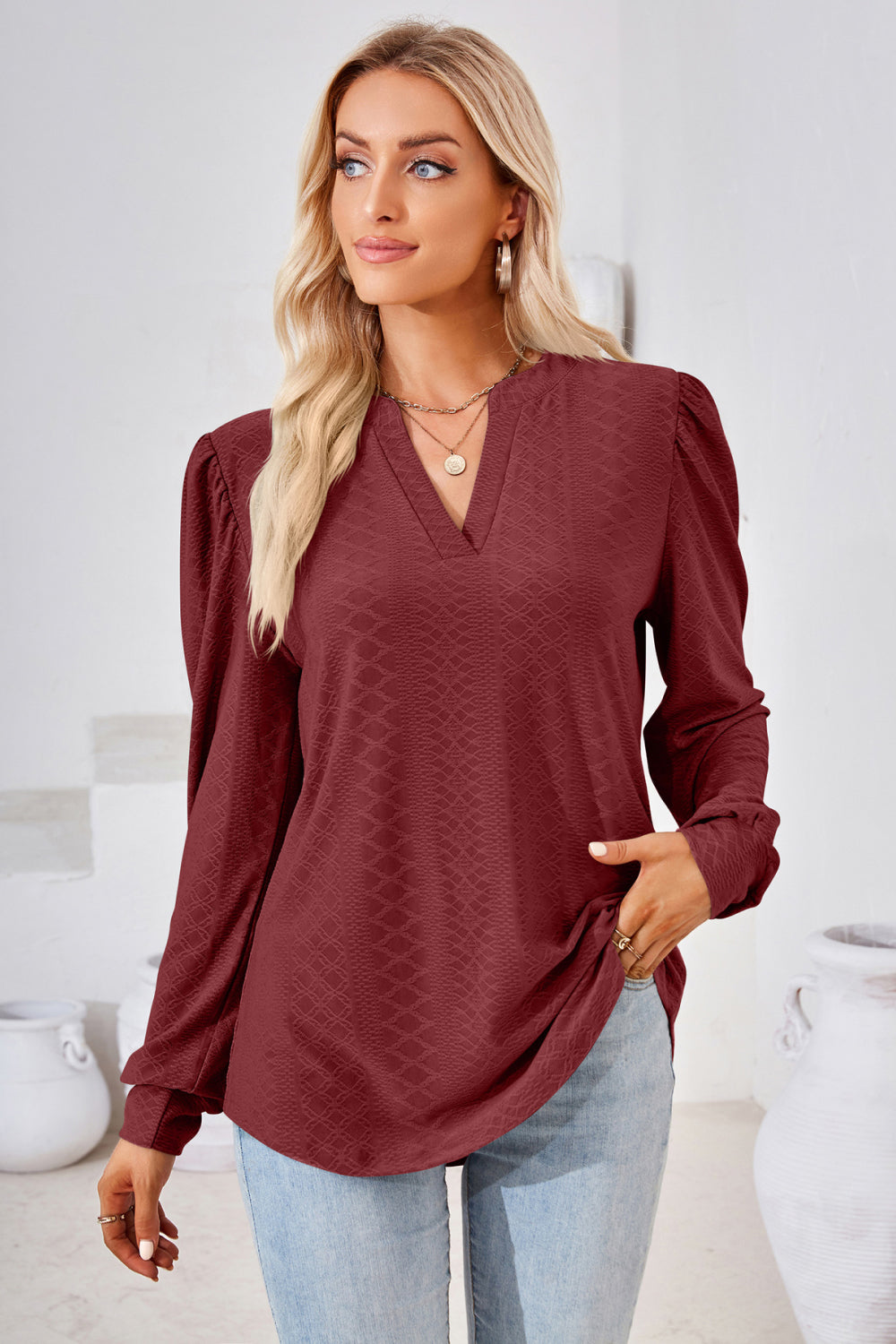 V-Neck Puff Sleeve Blouse – Trendsi | ClozArt