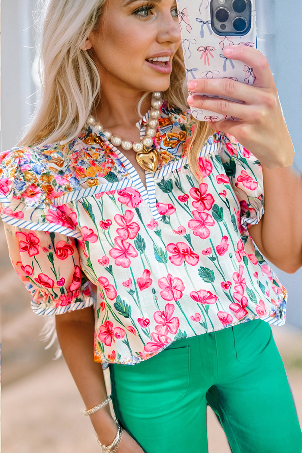 Pink Floral Print Striped Detail Split Neck Short Sleeve Blouse – Shewin | ClozArt