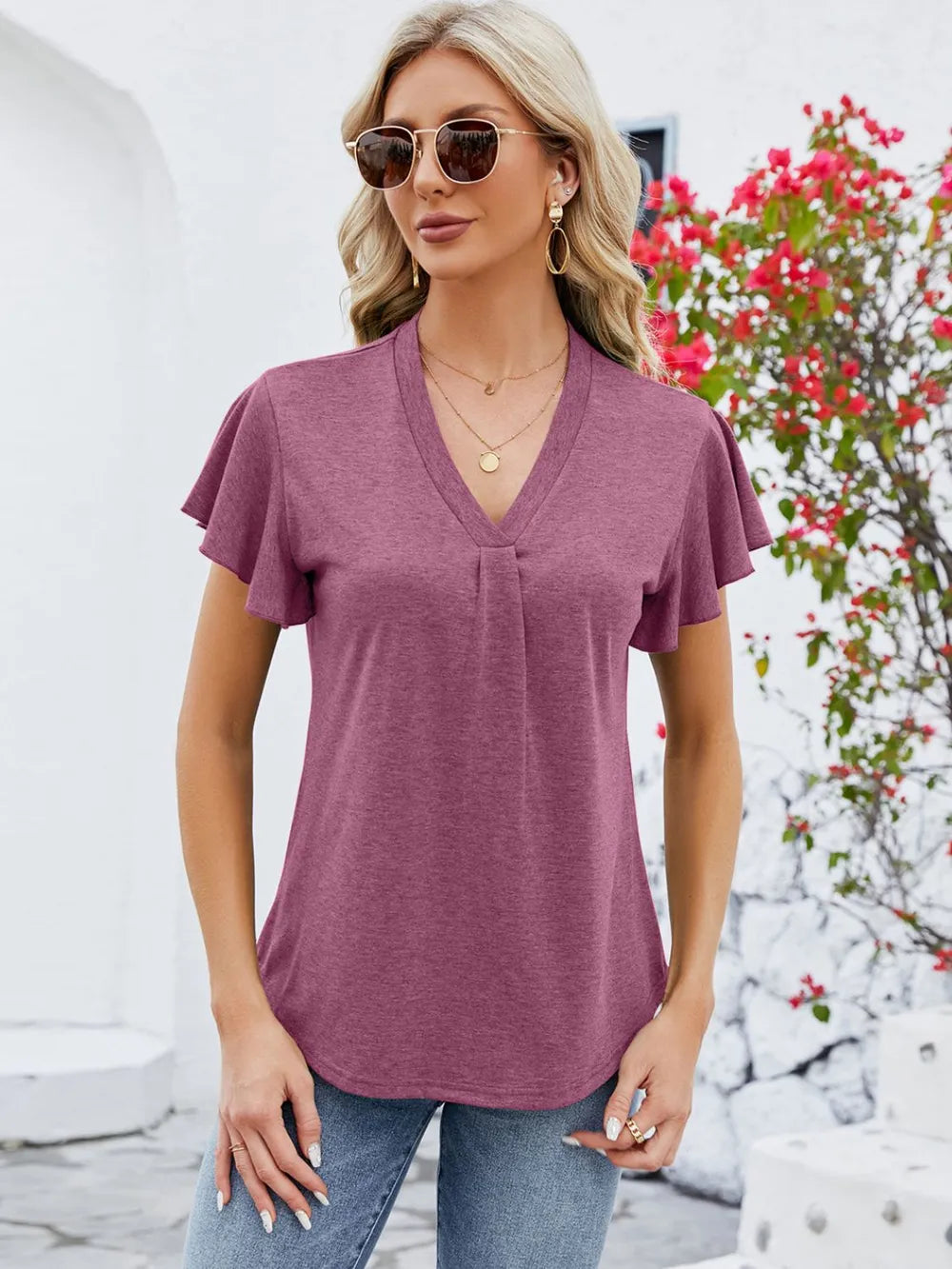 V-Neck Flutter Sleeve T-Shirt – Trendsi | ClozArt