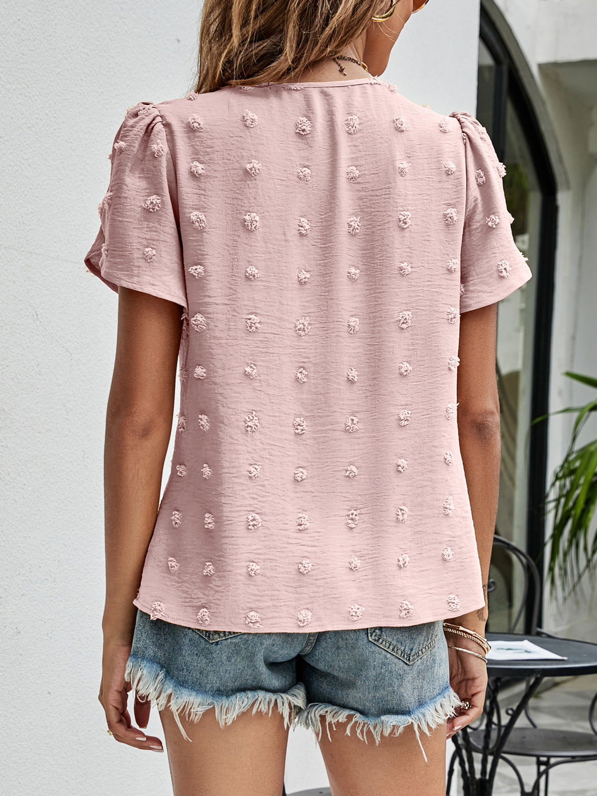 Swiss Dot Round Neck Petal Sleeve Top – Trendsi | ClozArt