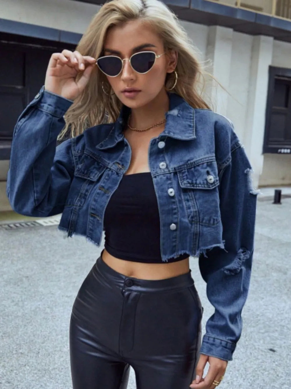 Distressed Raw Hem Collared Neck Long Sleeve Denim Top – Trendsi | ClozArt