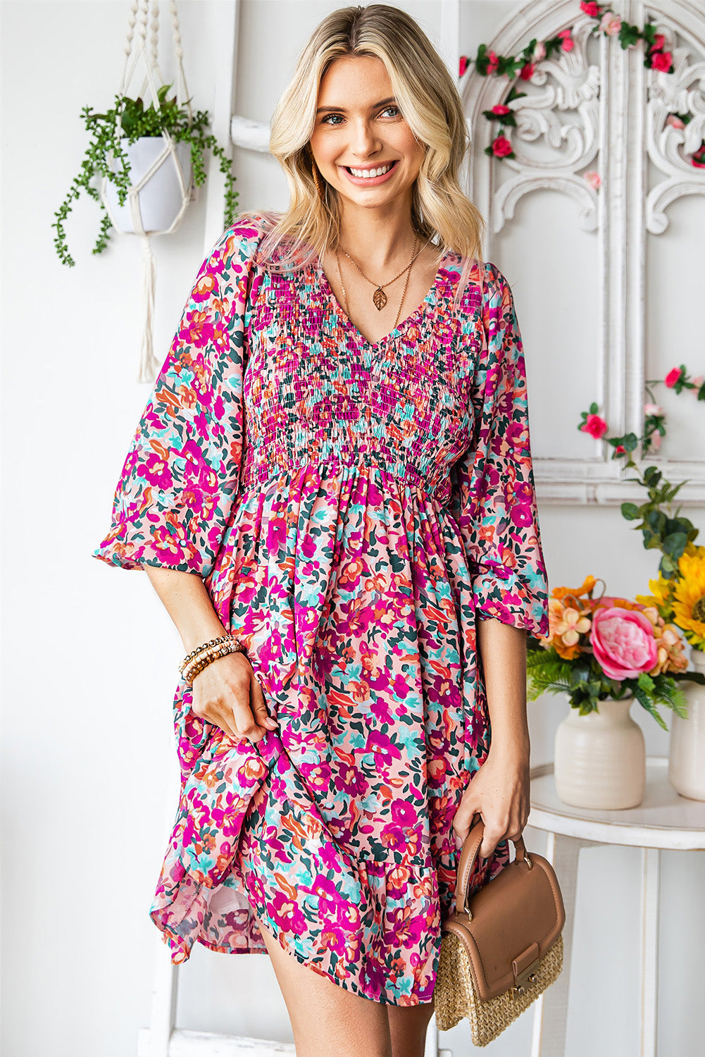 Floral Smocked V-Neck Flounce Sleeve Dress – Trendsi | ClozArt