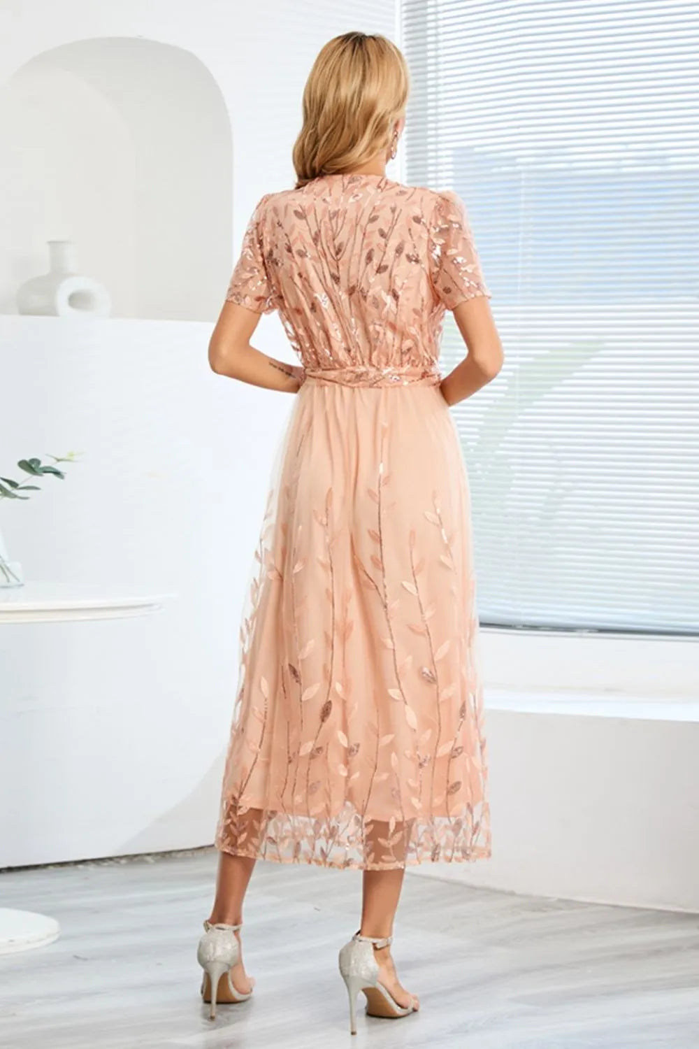 Sequin Leaf Embroidery Tie Front Short Sleeve Dress – Trendsi | ClozArt