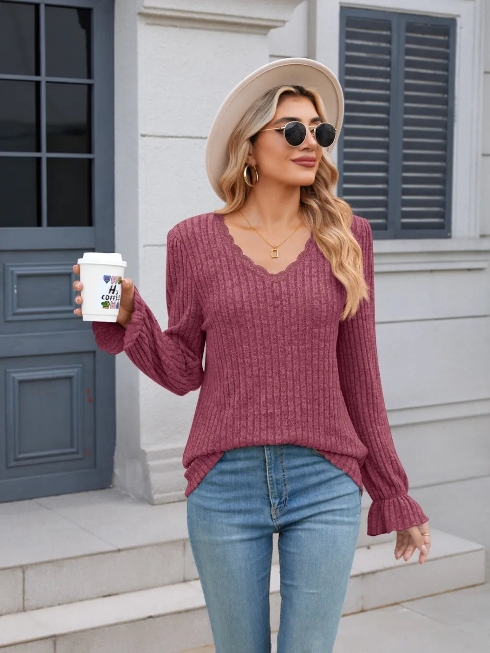 Lace Detail V-Neck Long Sleeve T-Shirt – Trendsi | ClozArt