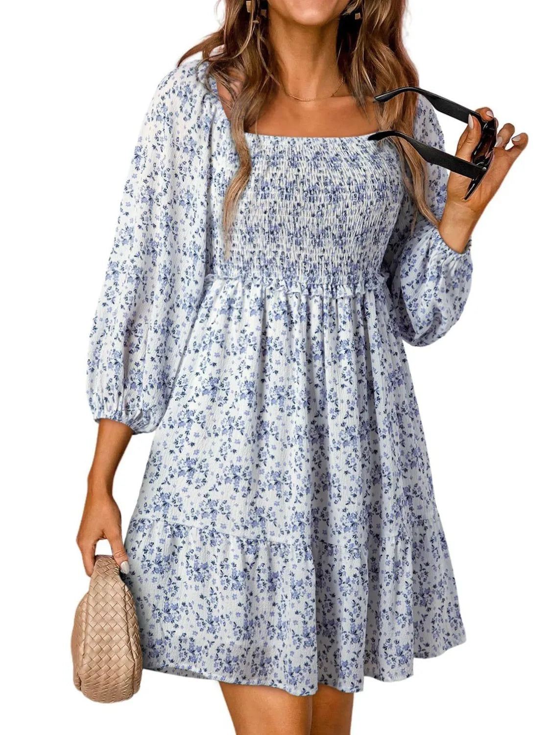 Smocked Floral Square Neck Dress – Trendsi | ClozArt