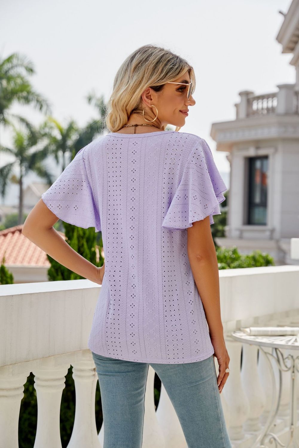Eyelet Flutter Sleeve Round Neck Top – Trendsi | ClozArt