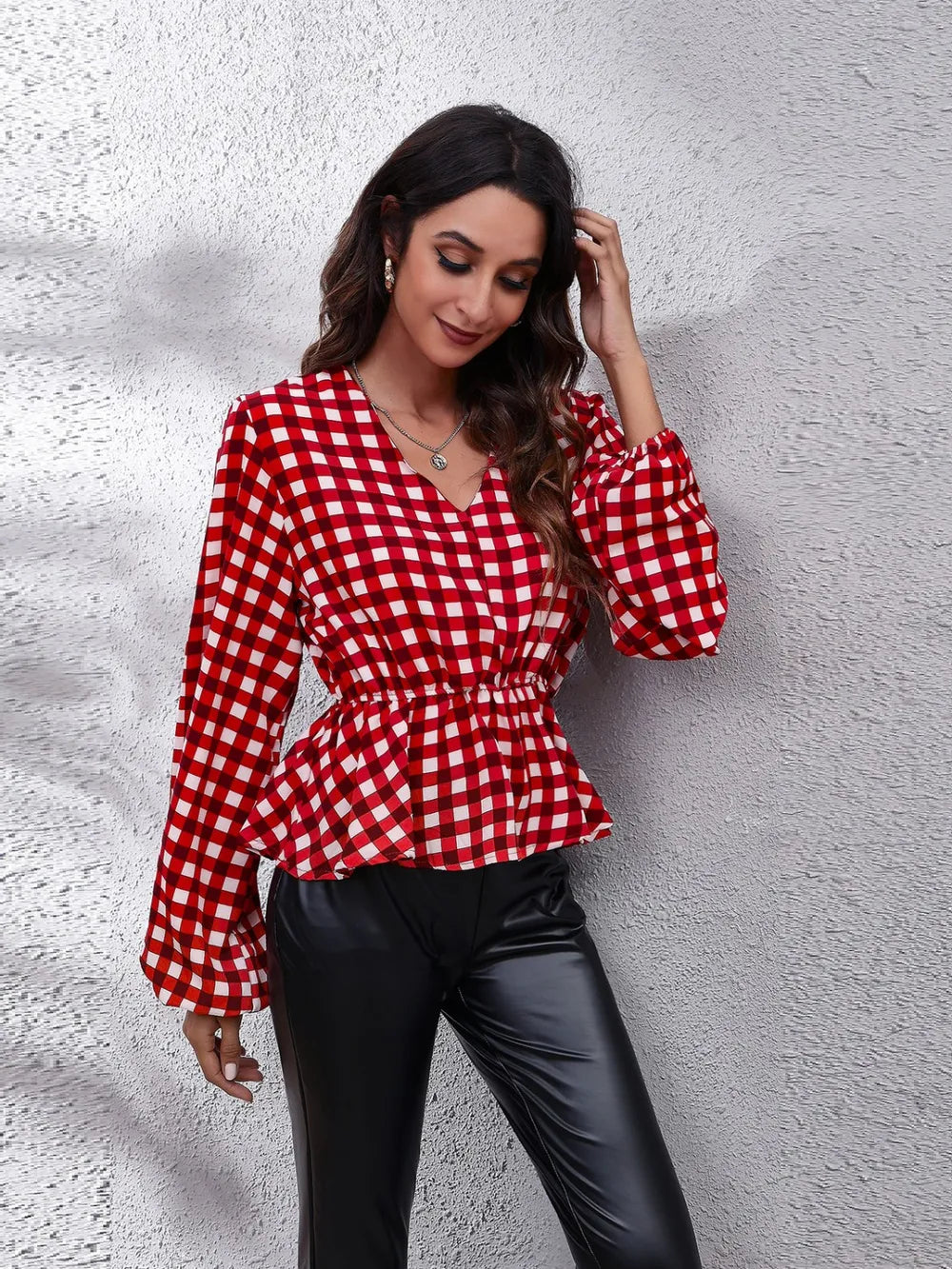 Plaid V-Neck Balloon Sleeve Peplum Blouse – Trendsi | ClozArt