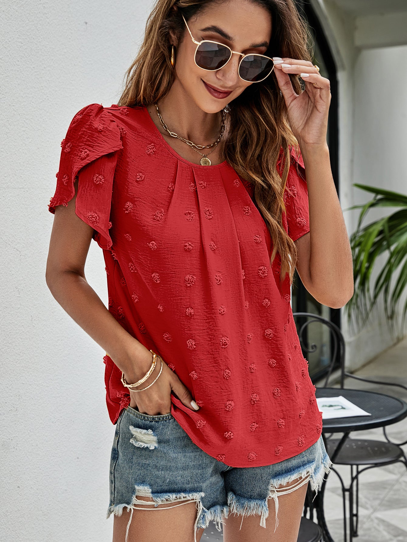 Swiss Dot Round Neck Petal Sleeve Top – Trendsi | ClozArt