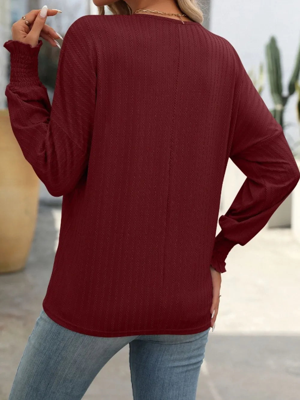 Mandy Textured Notched Lantern Sleeve T-Shirt – Trendsi | ClozArt