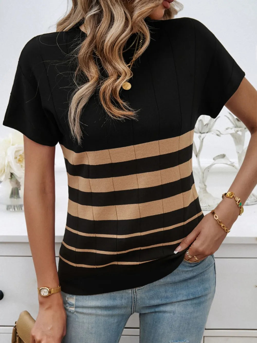 Devine Striped Round Neck Short Sleeve Knit Top – Trendsi | ClozArt