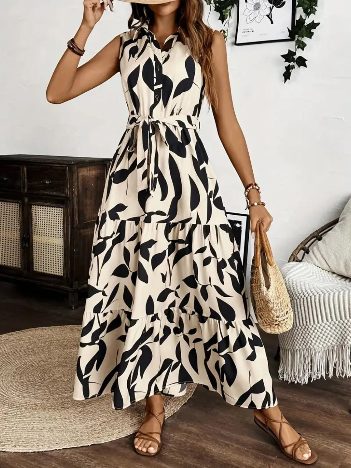 Printed Tie Waist Sleeveless Maxi Dress – Trendsi | ClozArt