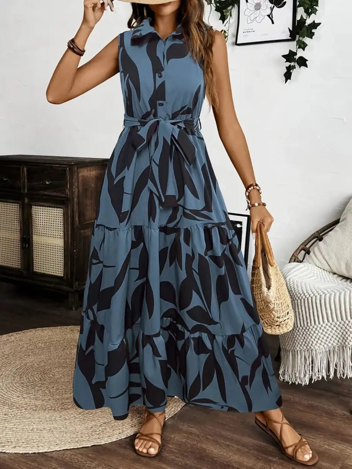 Printed Tie Waist Sleeveless Maxi Dress – Trendsi | ClozArt