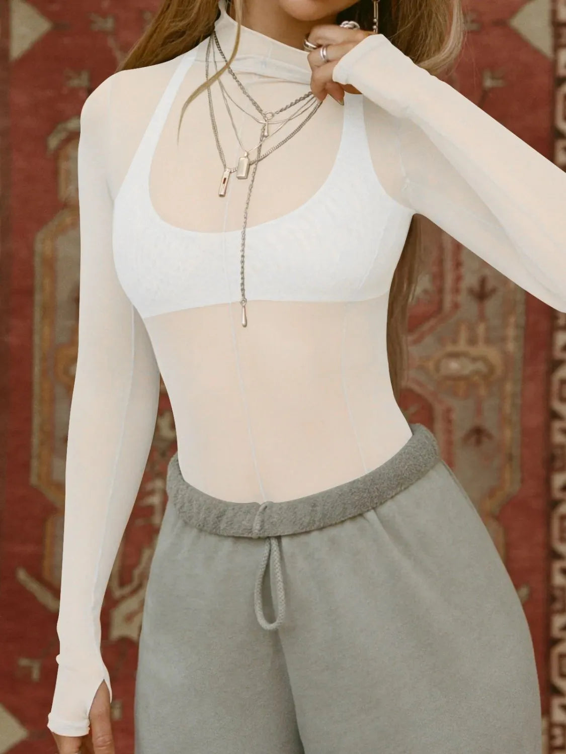 Mock Neck Long Sleeve Sheer Top – Trendsi | ClozArt