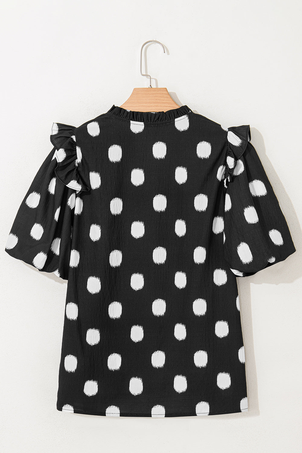 Black Polka Dot Print Smocked Notched Neck Balloon Sleeve Blouse – Shewin | ClozArt