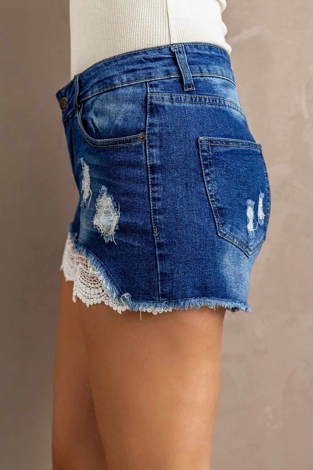 Spliced Lace Distressed Denim Shorts – Trendsi | ClozArt