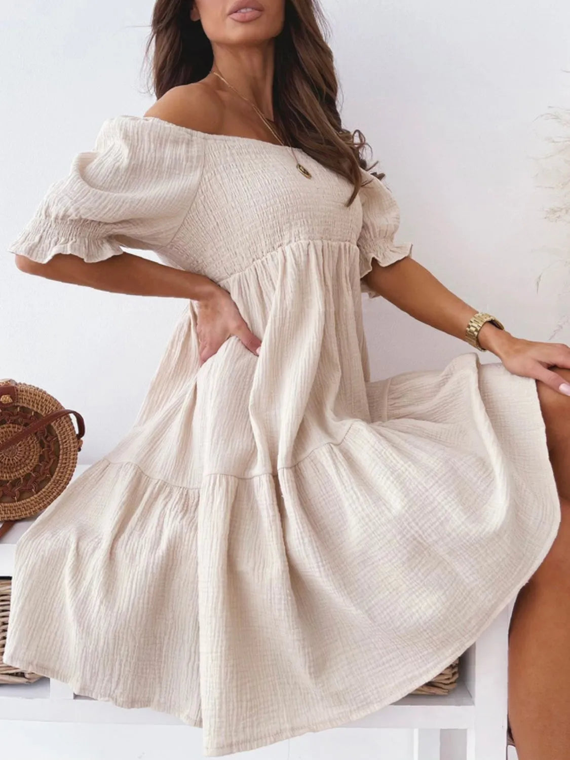 Smocked Off-Shoulder Mini Dress – Trendsi | ClozArt