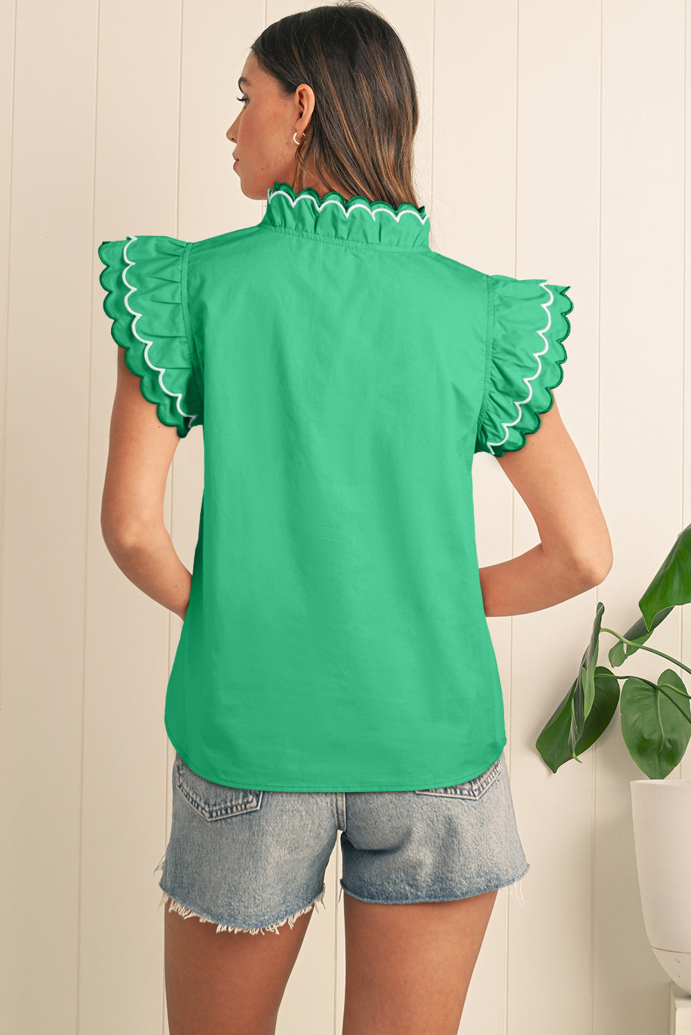 Bright Pink Scallop Trim V Neck Layered Short Sleeve Blouse – Shewin | ClozArt