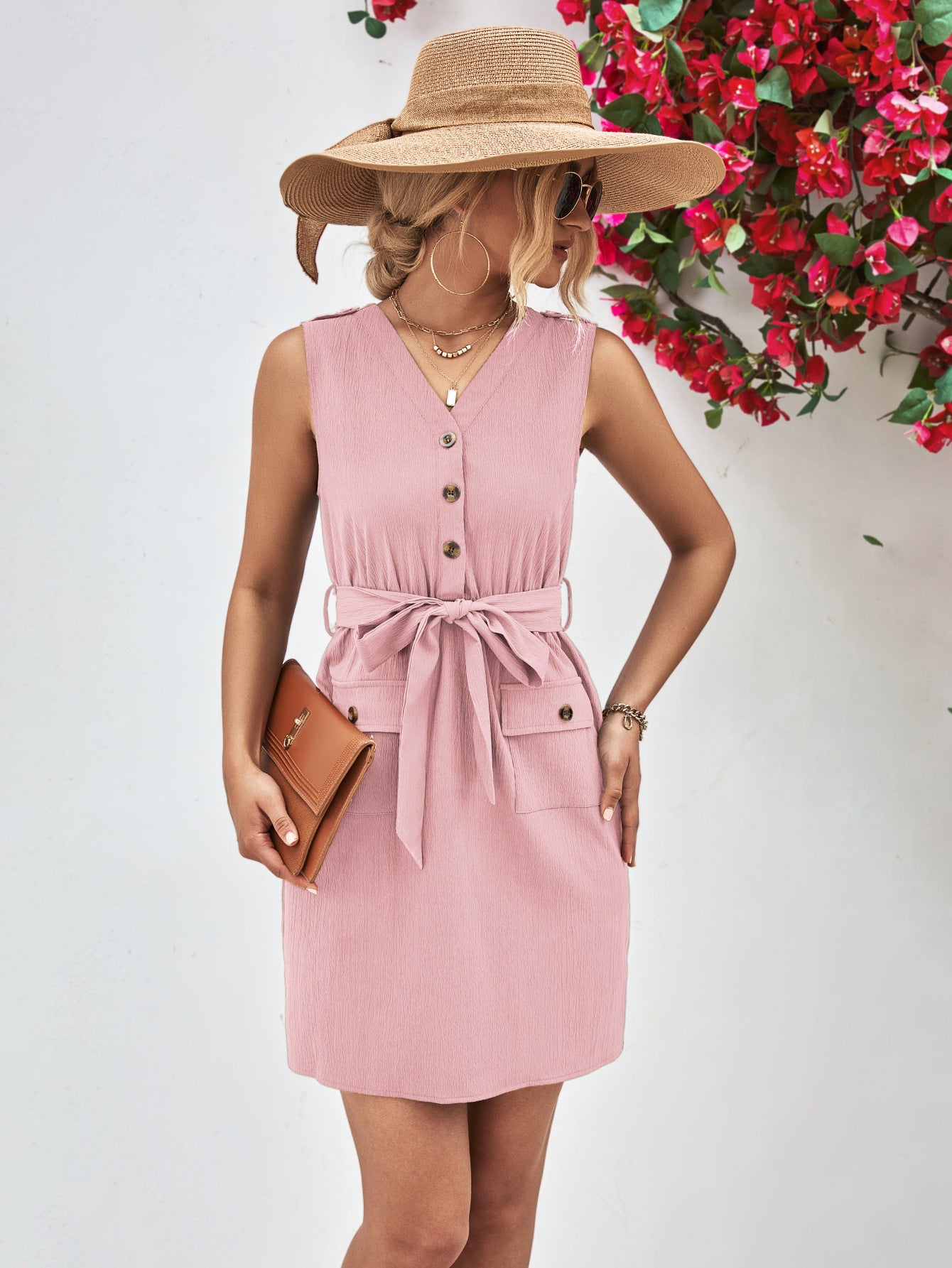 Buttoned V-Neck Belted Sleeveless Dress – Trendsi | ClozArt