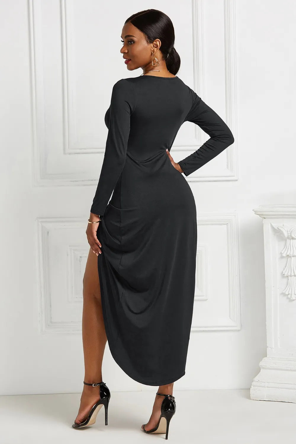 High-low Ruched Surplice Long Sleeve Dress – Trendsi | ClozArt
