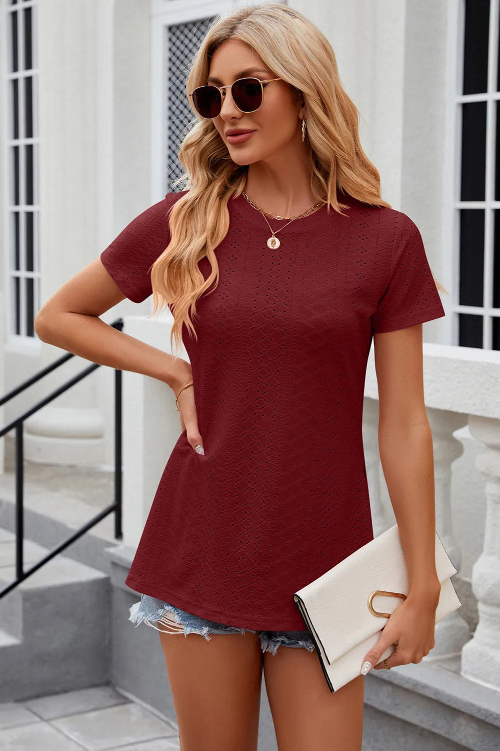 Eyelet Slit Round Neck Short Sleeve T-Shirt – Trendsi | ClozArt