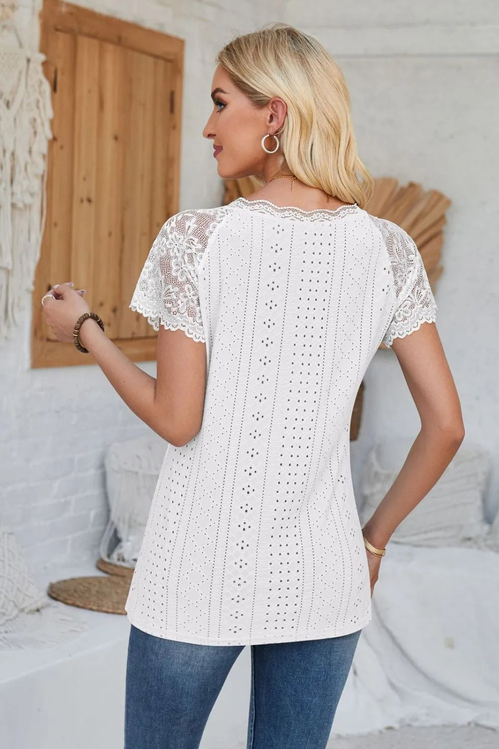 Eyelet V-Neck Lace Short Sleeve T-Shirt – Trendsi | ClozArt
