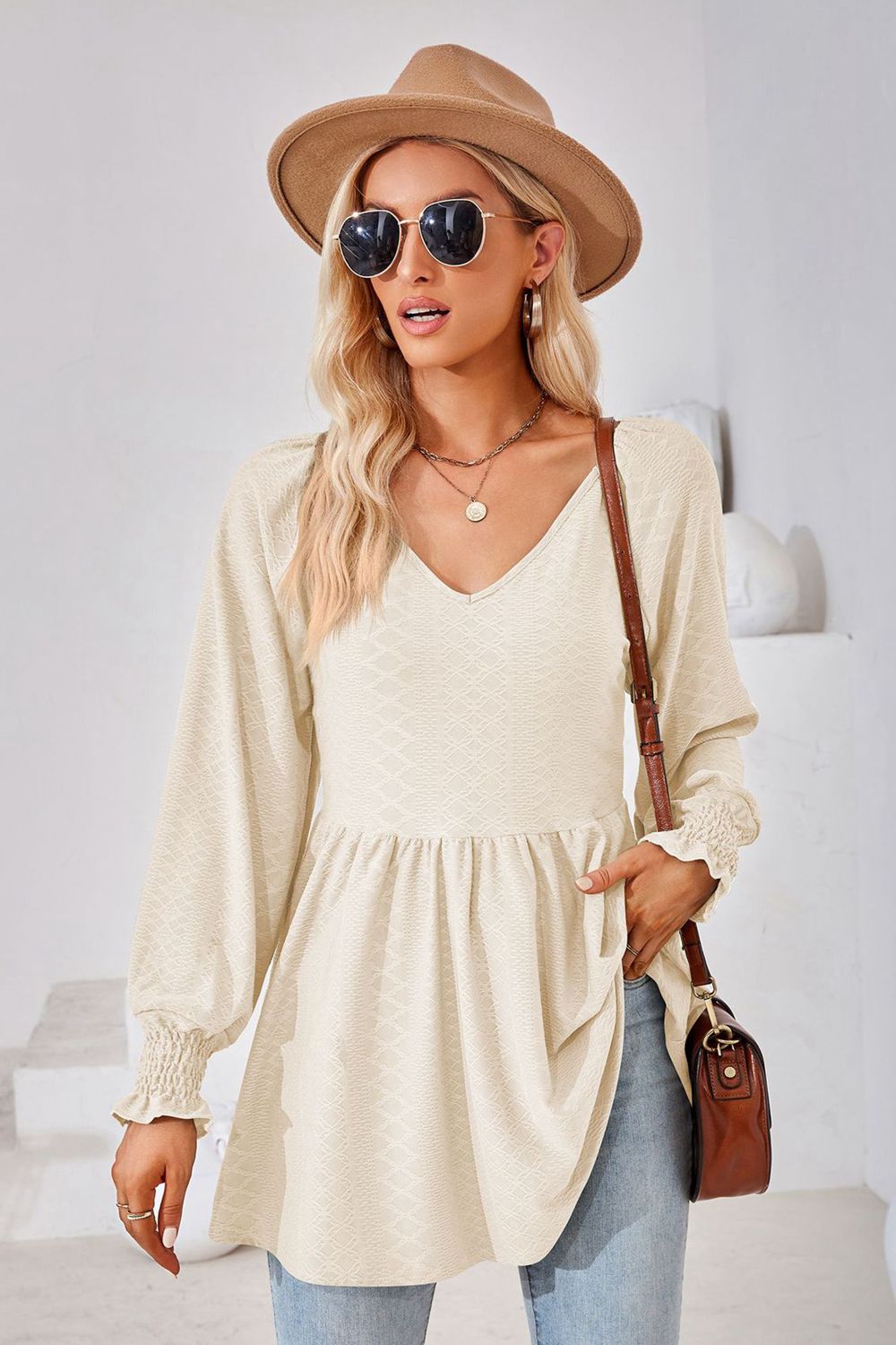 V-Neck Lantern Sleeve Blouse – Trendsi | ClozArt