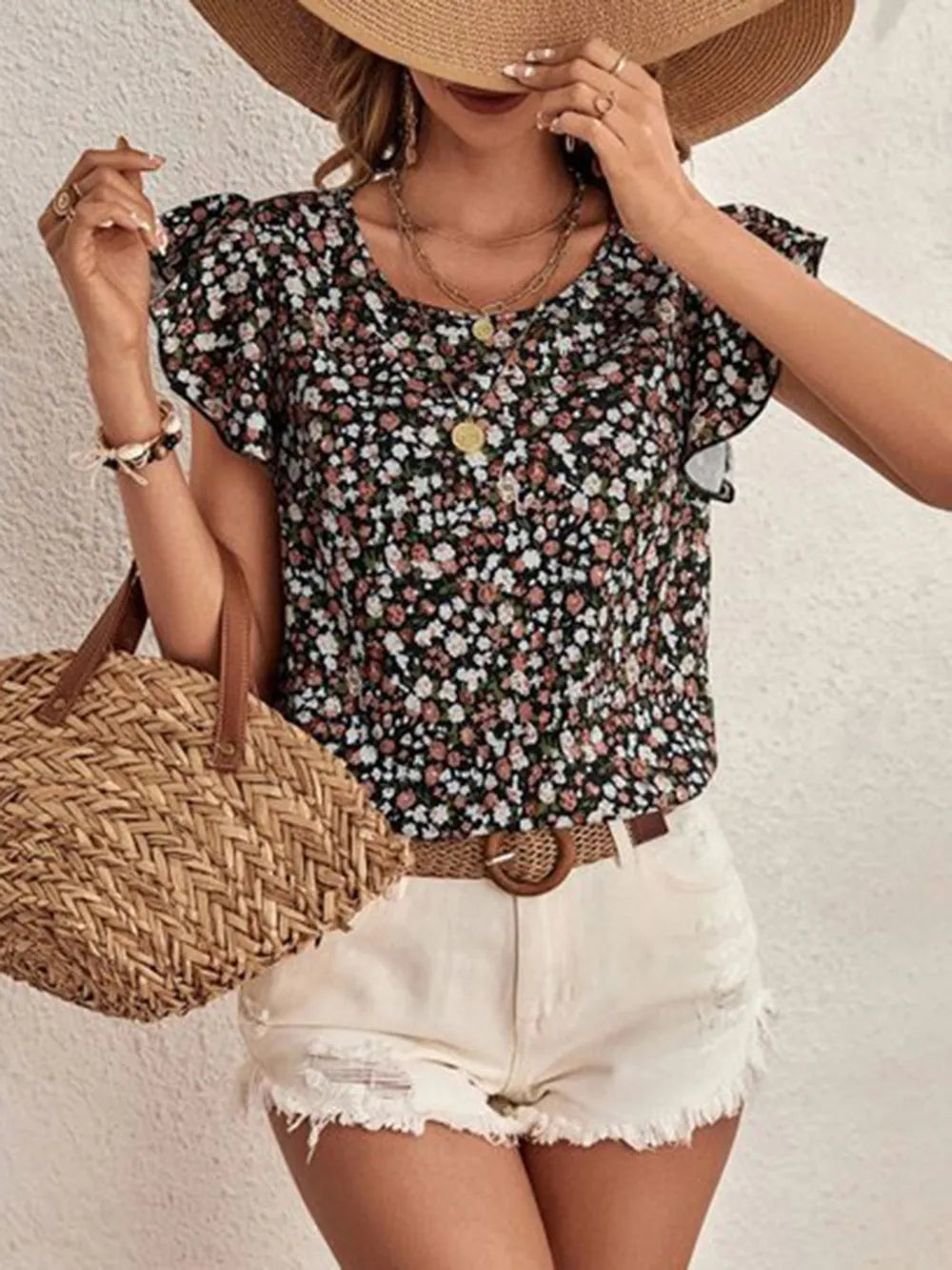 Ditsy Floral Round Neck Cap Sleeve Top – Trendsi | ClozArt