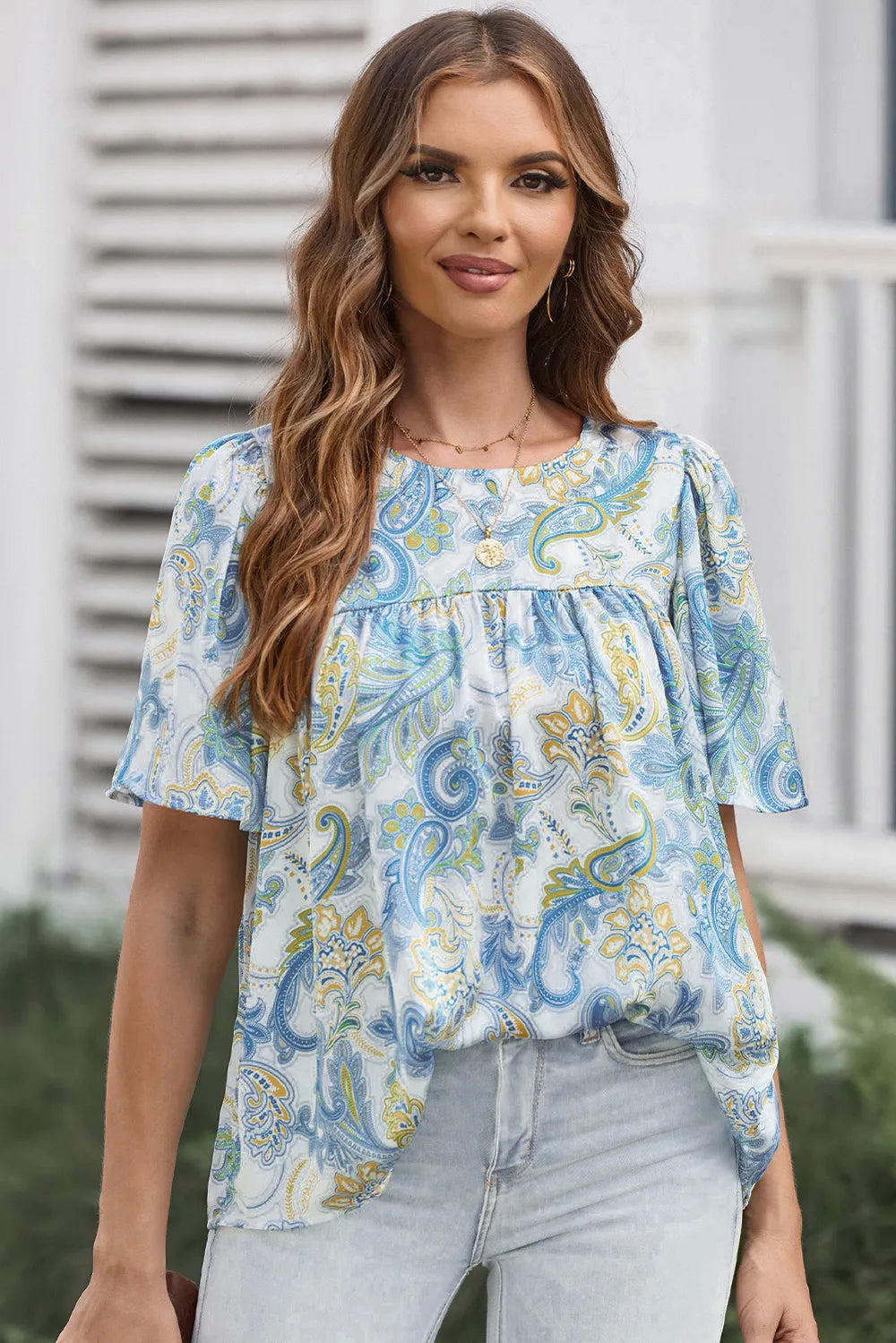 Printed Round Neck Short Sleeve Blouse – Trendsi | ClozArt