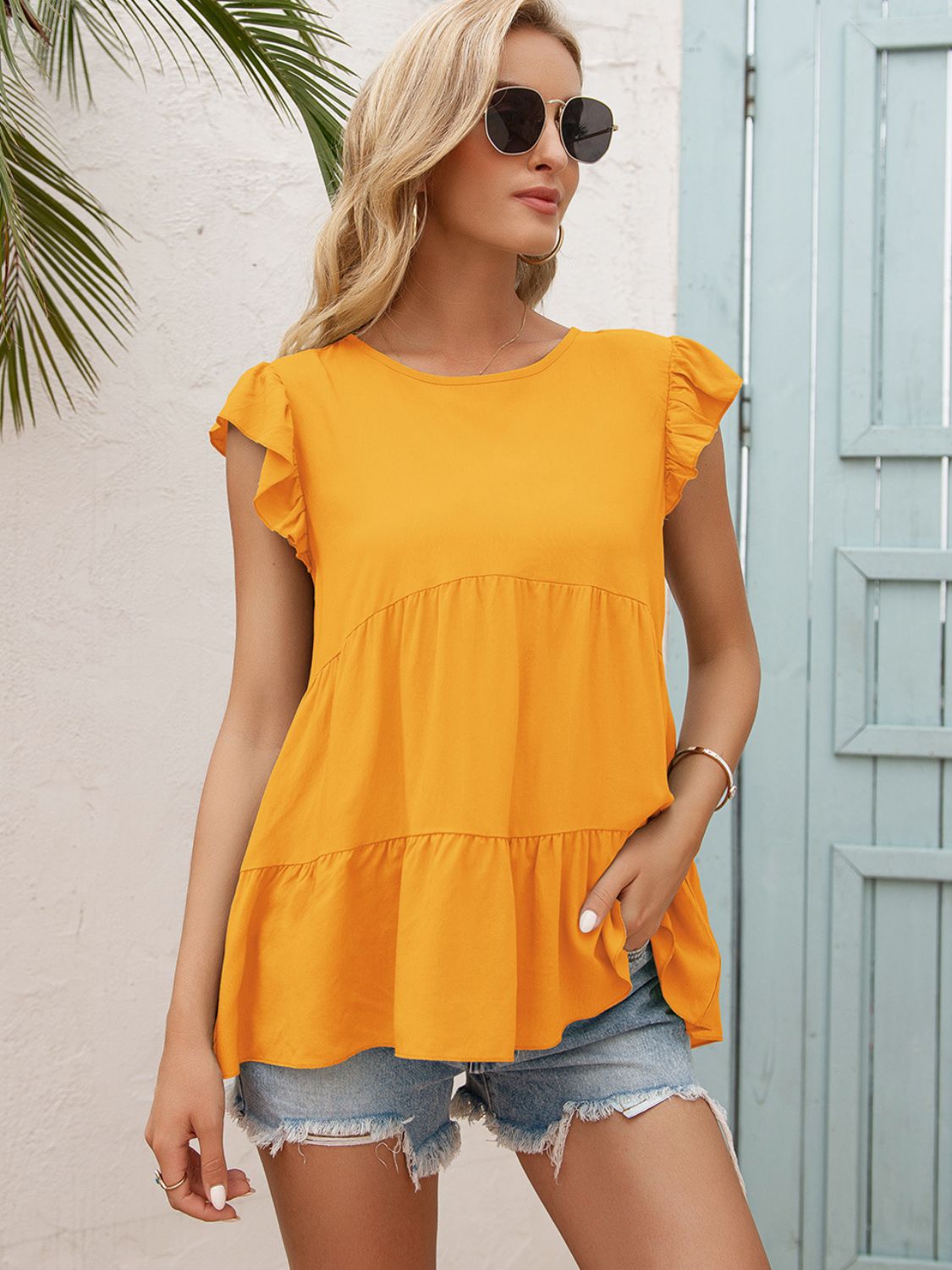 Ivy Lane Round Neck Flutter Sleeve Tiered Blouse – Trendsi | ClozArt