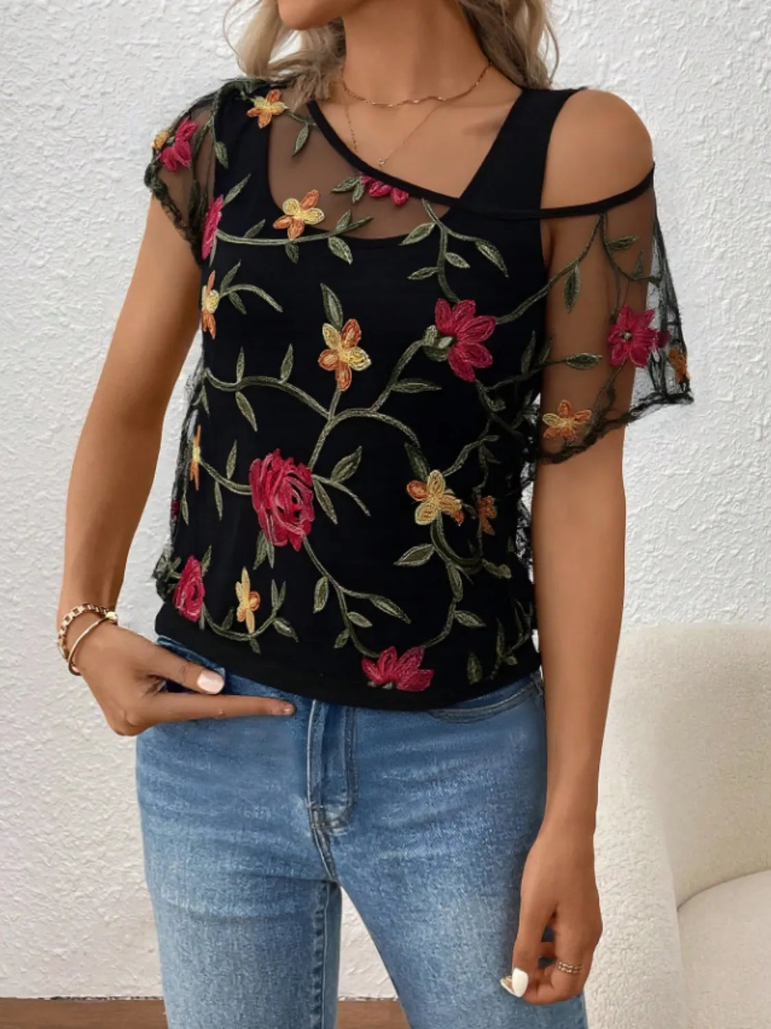 Floral Short Sleeve Sheer Top – Trendsi | ClozArt