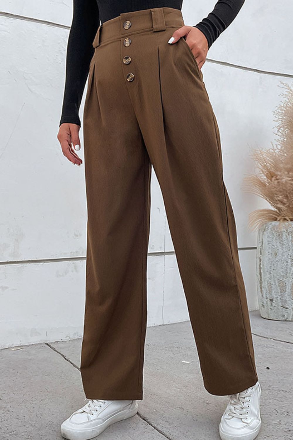 Perfee Button-Fly Pleated Waist Wide Leg Pants with Pockets – Trendsi | ClozArt