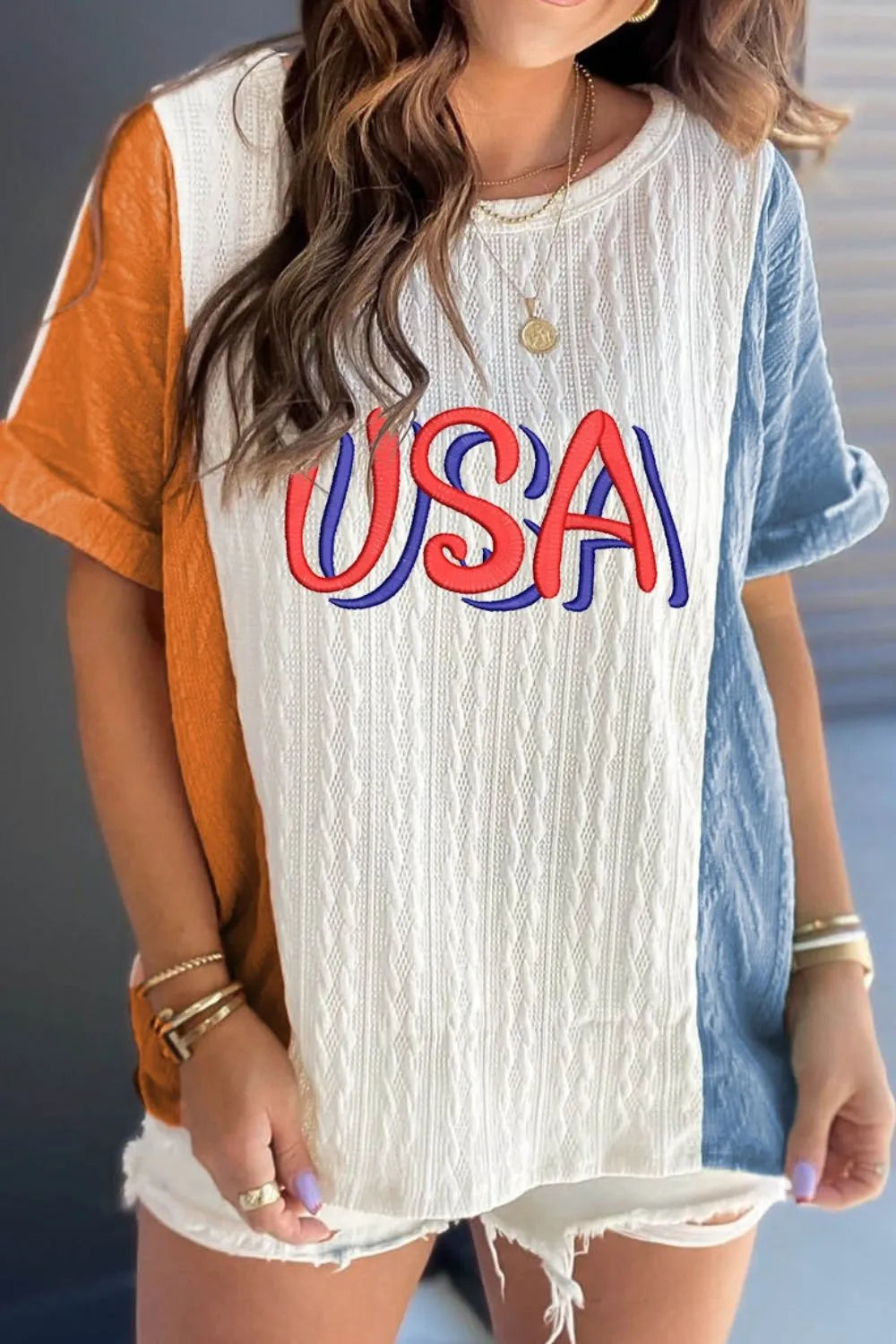 USA Embroidered Cable Textured Knit Cuffed Sleeve Color Block Tee – Trendsi | ClozArt