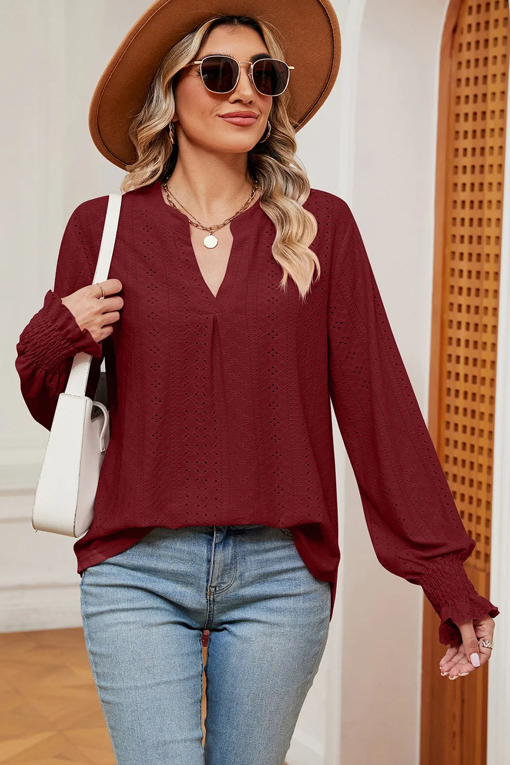 Eyelet Notched Long Sleeve T-Shirt – Trendsi | ClozArt