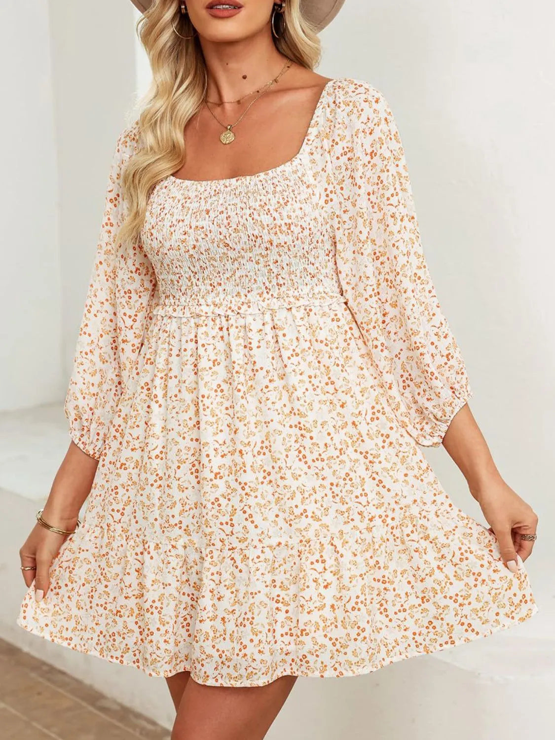 Smocked Floral Square Neck Dress – Trendsi | ClozArt