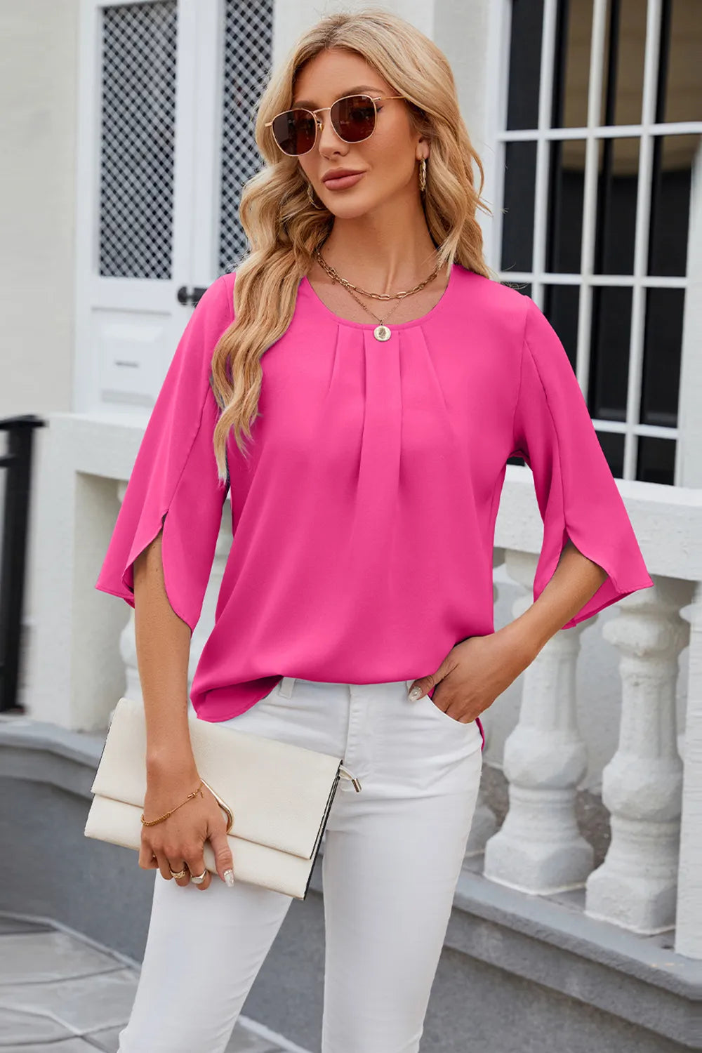 Round Neck Slit Half Sleeve Top – Trendsi | ClozArt